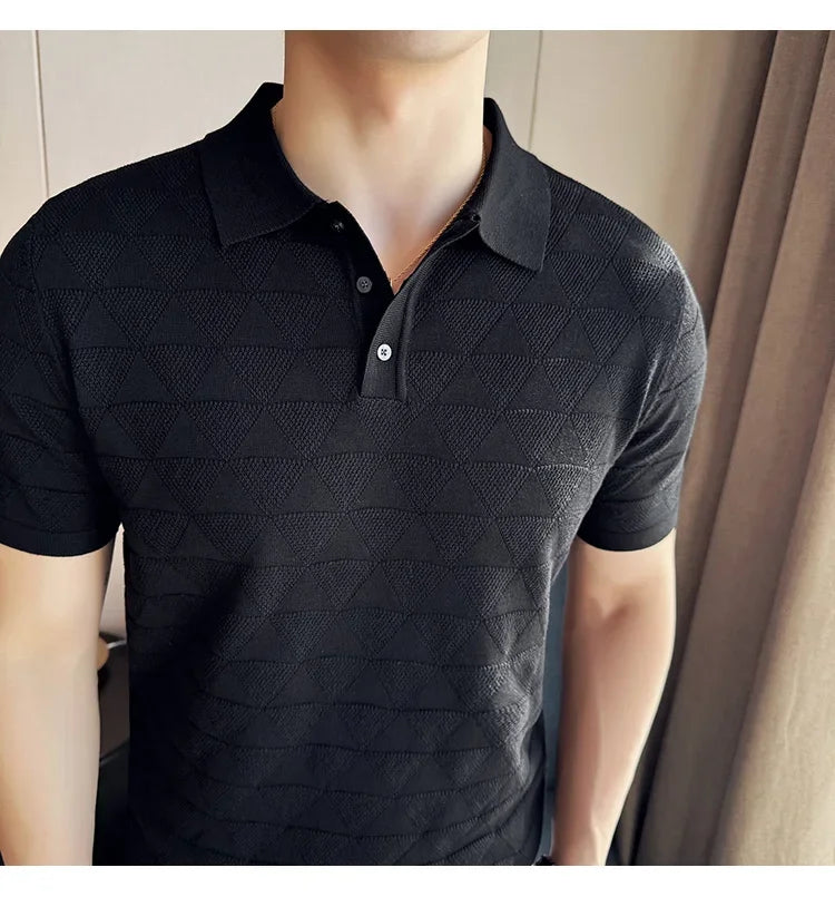 High-quality Men's Jacquard Polo Shirt, Business Casual Men's Solid Color Short-sleeved Top,  Geometric Pattern Men's T-shirt.