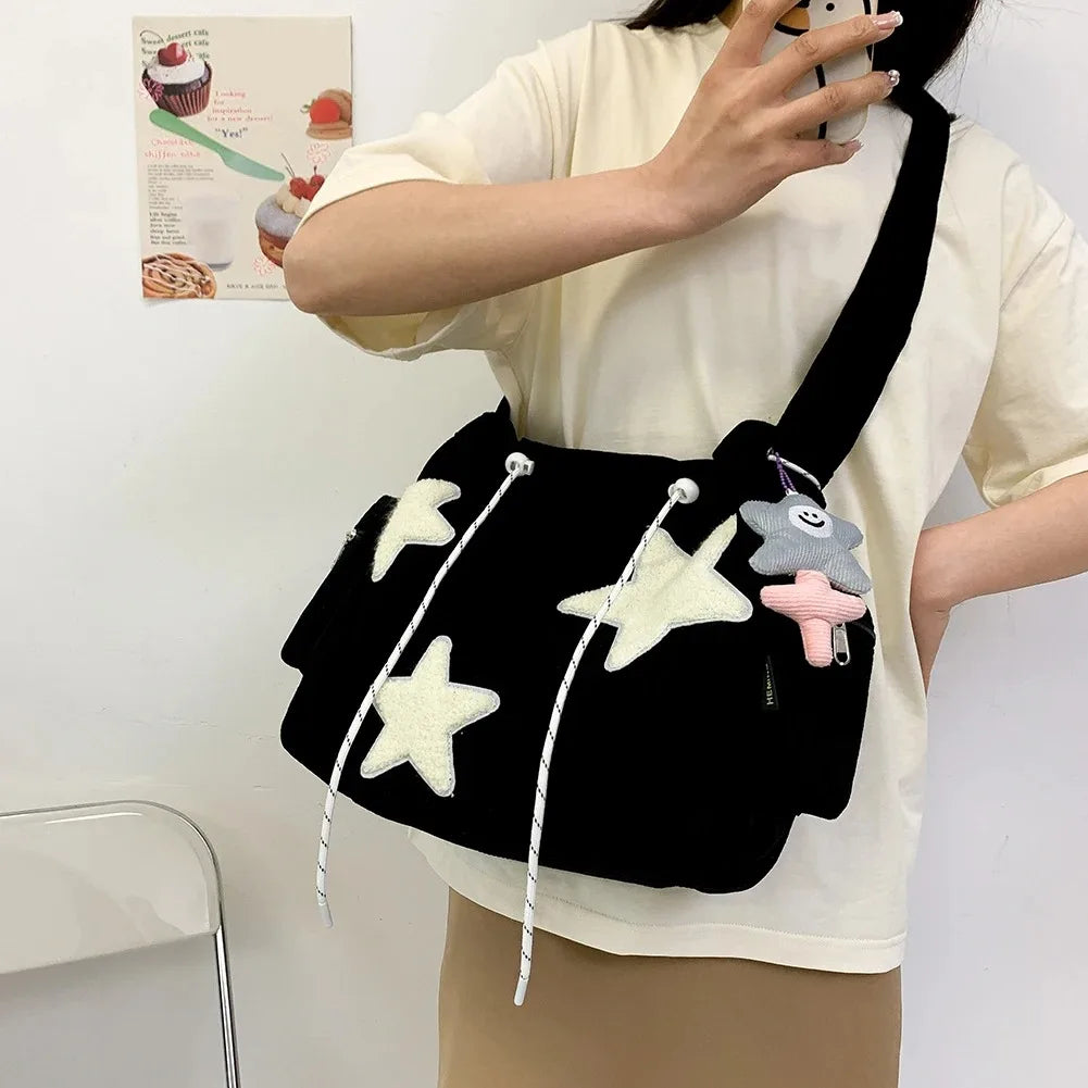 Women Star Pattern Corduroy Crossbody Bag Casual Tote Lady Simple Large Capacity Shoulder Bag Girl Travel School Bookbag Handbag