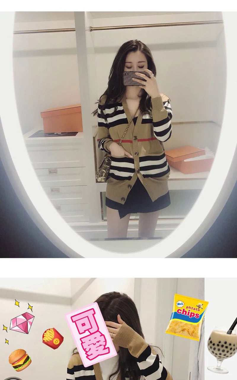 Women Striped Knitted Cardigan Fall Winter Loose Korean Sweater Casual Fashion Office Lady V Neck Single Breasted Design Top - reetell