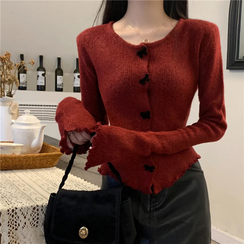 Women's Ruched Long Sleeve Cropped Cardigan V Neck Button Down Knit Lady Autumn Winter Knitted Single-breasted Cardigan Sweaters - reetell