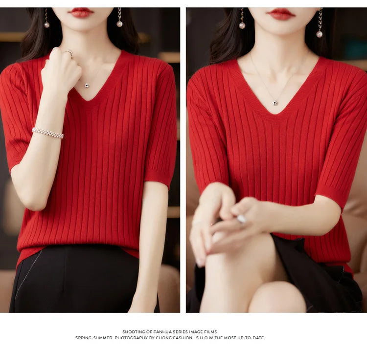 Women Sweater Short Sleeve V-neck Stripe Knitwears Slim Fit Shirt Korean Fashion Pullovers Thin Knit Tops 2024 Bottoming Shirts - reetell