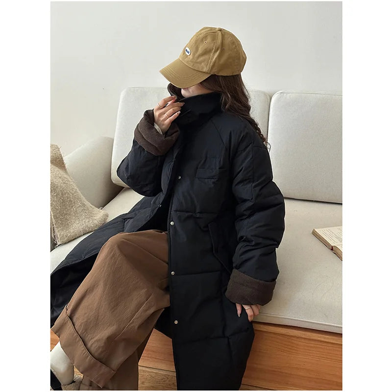 Winter Women's Down Puffer Jackets Baggy Thickening Warm Corduroy Collar Clothing Boutique Clothes Cotton Medium and Long Coats