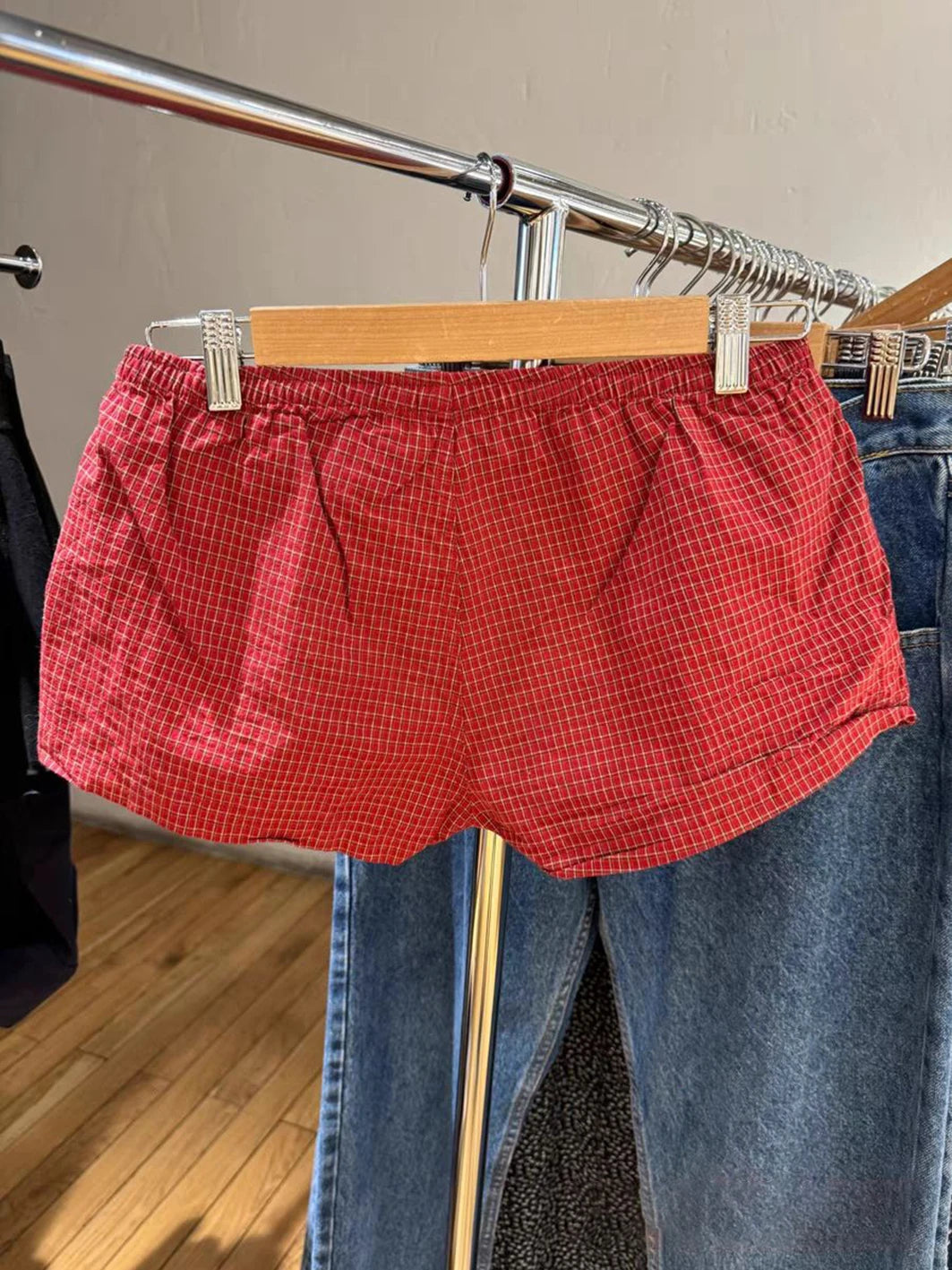 Red Plaid Straigth Shorts Women Summer Elastic Waist Buttons Casual Sweet Short Pant Cotton Y2k Pants Vintage Home Underwear - reetell