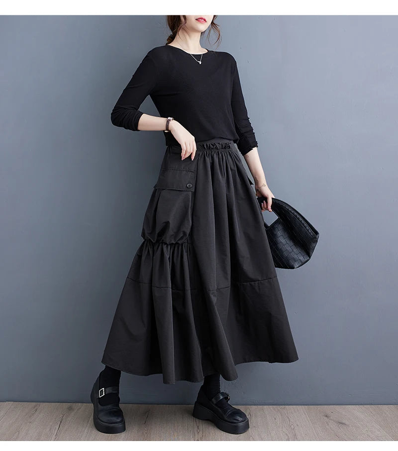 Oversized Spring Autumn Cargo Midi Skirt Women Elastic High Waist Fashion Ruffle Pleated Ladies Skirts Loose Casual Woman Skirt - reetell