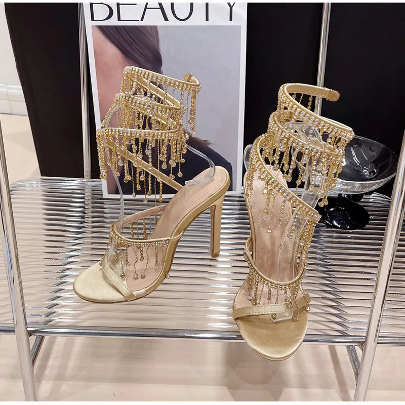 Runway style Bling Bling Crystal Tassels Snake Coiled Women Sandals Sexy Stiletto High heels Summer Fashion Party Prom Shoes - reetell