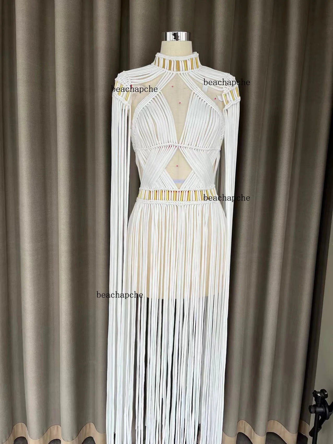 Beachapche  2023 White Women's Turtleneck Long Tassel Sexy Perspective Design Maxi Dress Fashion Nightclub Runway Macrame Dress - reetell