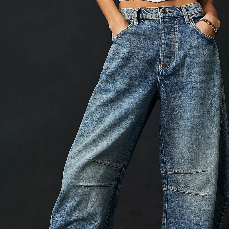 Midiross High Stretch Mid-Rise Barrel Jeans Fashion wide Leg Shape Women Casual Baggy Mid Waist Denim Jeans - reetell