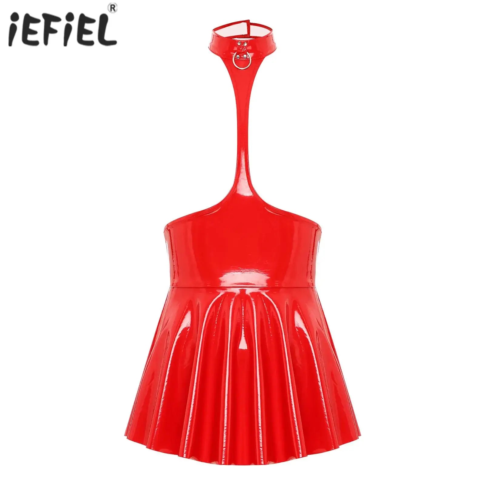 Womens Open Chest Halter Ruffled Latex Dress Clubwear Wet Look Patent Leather Sleeveless Backless Dresses Lingerie Nightwear - reetell