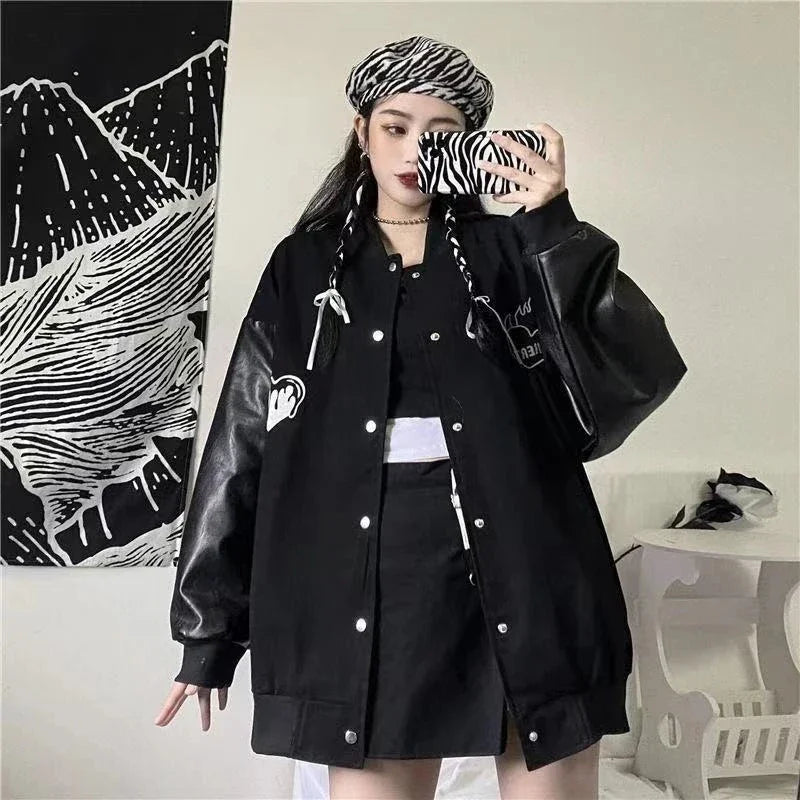 MEXZT Harajuku Black Coat Women Patchwork Bomber Jackets Bf Streetwear Korean Leather Print Oversized Casual Baseball Jacket