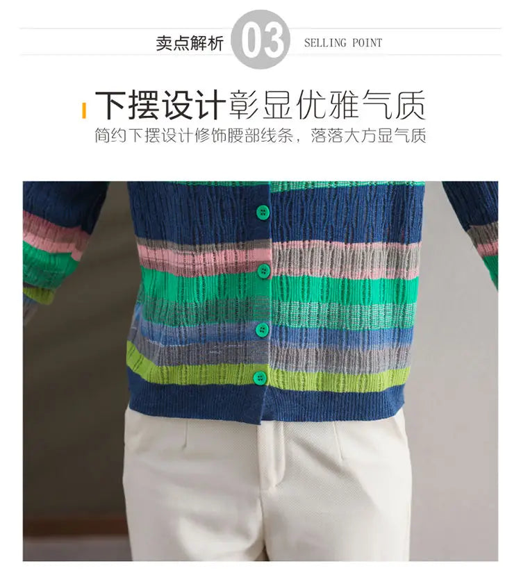 Fashion Women Clothing Colorful Striped Cardigan Sweater Spring Autumn New Korean Versatile Casual Long Sleeve Knitted Coats - reetell