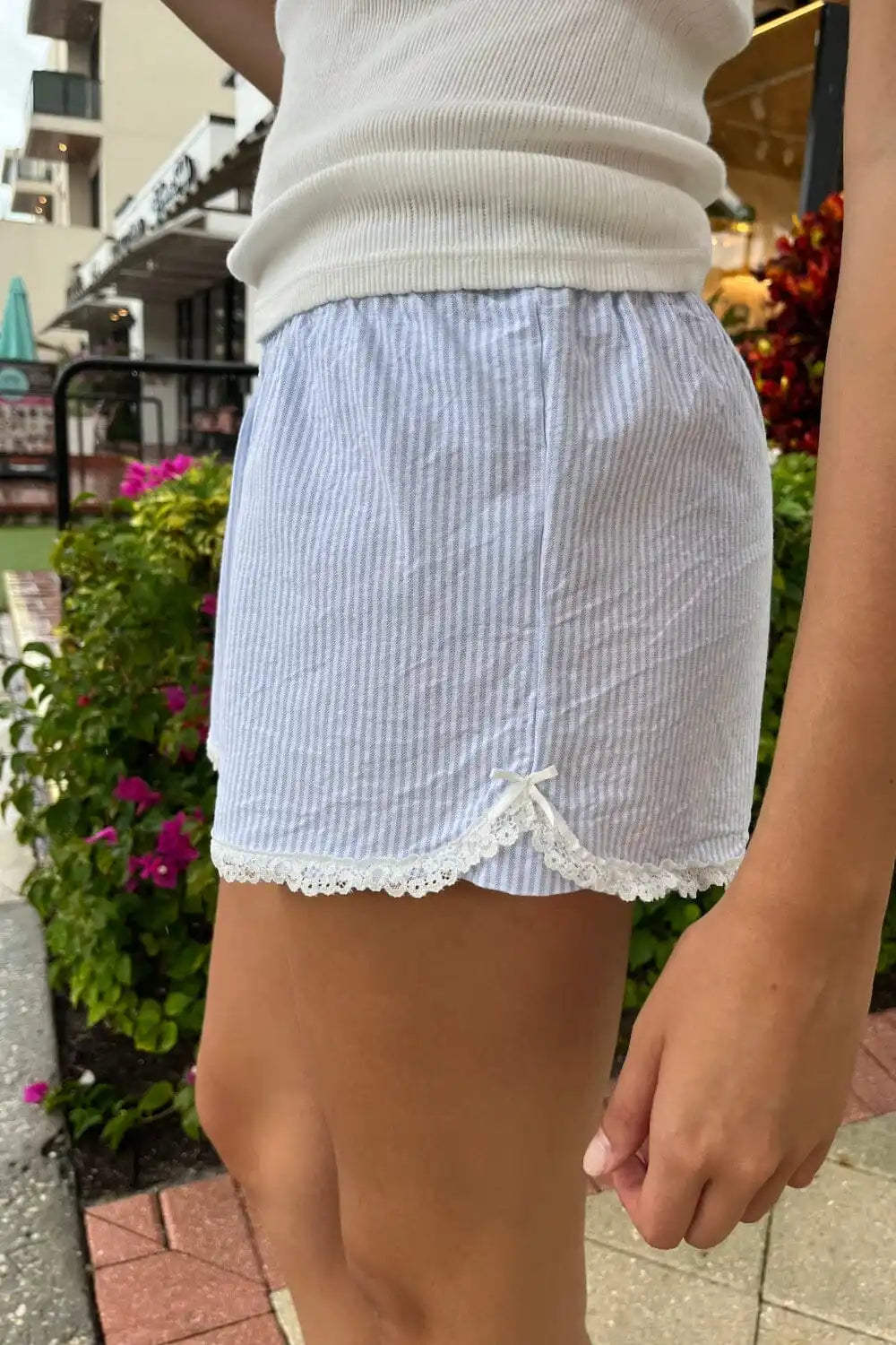 Lace Patchwork Stripes Shorts Women Cotton Buttons Elastic High Waist Casual Straight Short Pants Sweet Bow Summer Sweatshorts - reetell