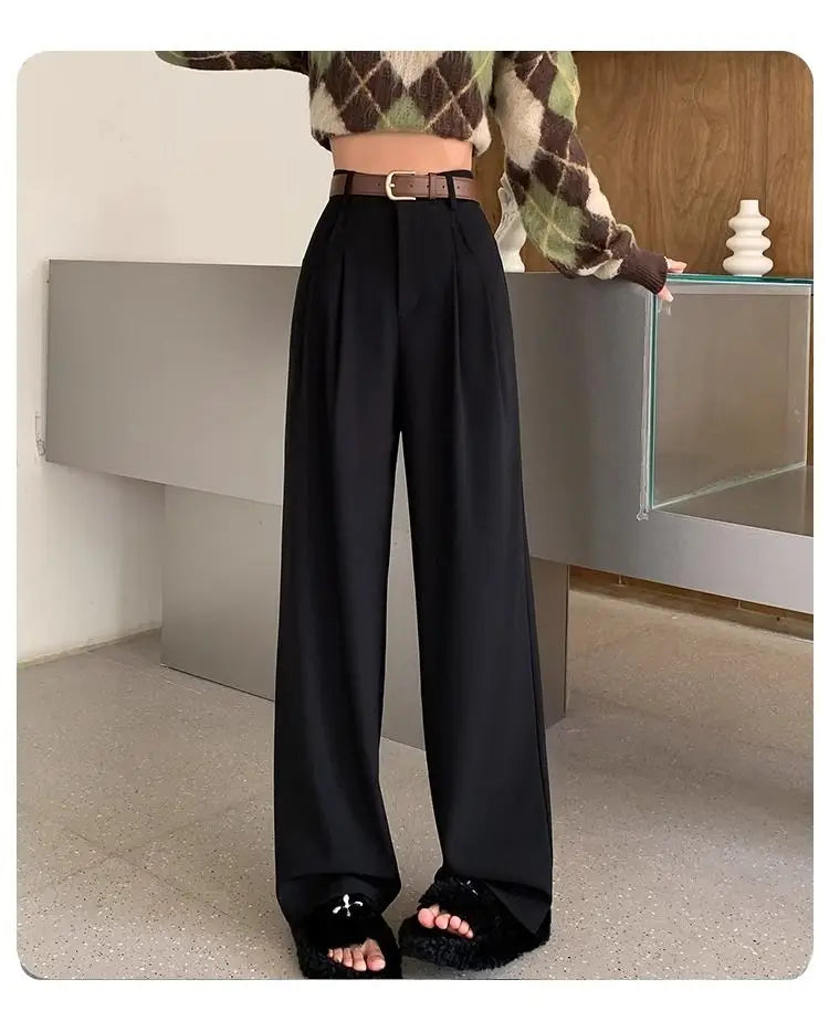 Fashion High Waist Wide Leg Pants Women Spring Fall Baggy Black Trouser Office Ladies Full Length Straight Suit Pant Outwear New - reetell