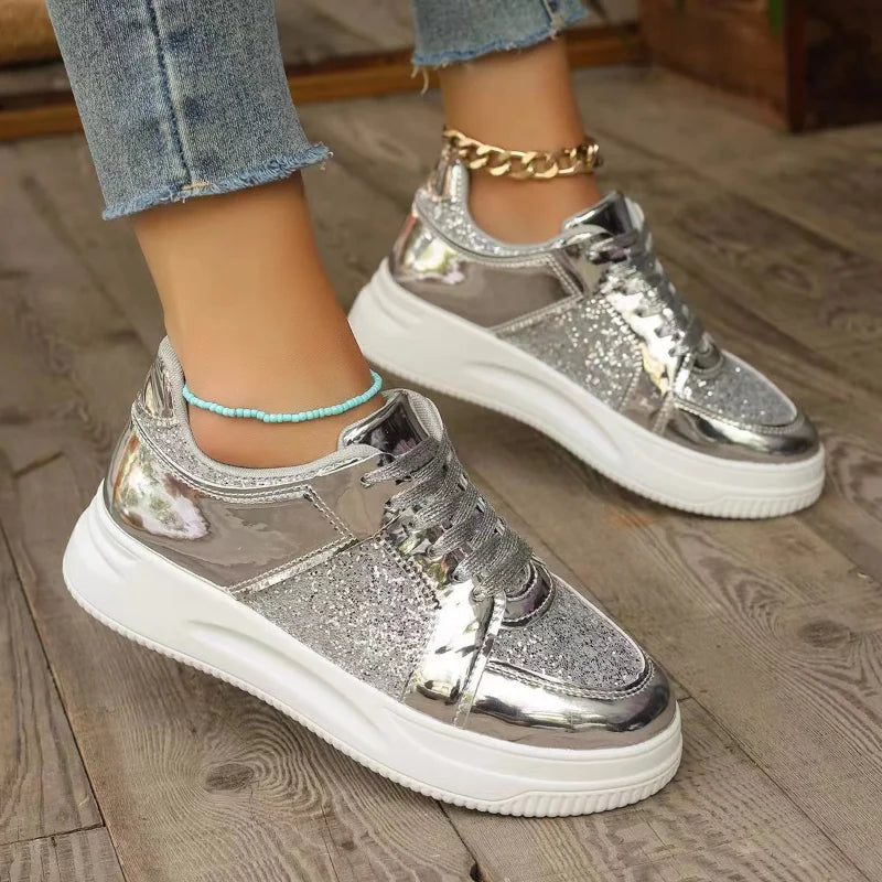 Women's Gold Sequins Platform Sneakers Autumn Fashion Casual Sports Shoes Thick Bottom Vulcanized Shoes Woman Flats Heels Shoes