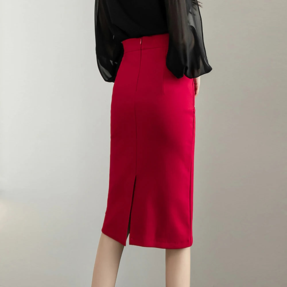 Classic Vintage Gray Red Stretch Pencil Skirts For Women Office Lady Formal Black Midi Skirts Elegant Female Package Hip Skirts - reetell