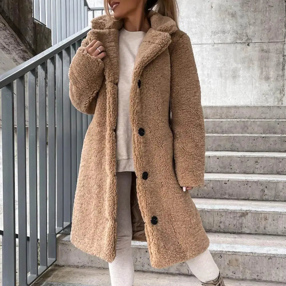 Trendy Women Overcoat Autumn Winter Women Trench Coat Long Style Pure Color Single-breasted Teddy Jacket  Windproof - reetell