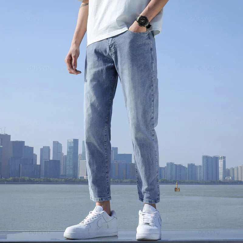 2024 New Men's Stretch Ankle Length Jeans Light blue Fashion Casual Cotton Slim Fit Denim Pants Korean Trousers Male Brand Cloth - reetell