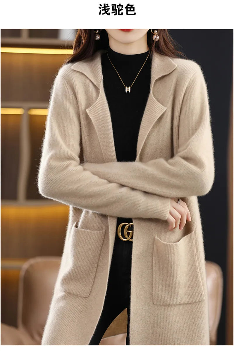 Limiguyue Wool Cashmere Sweater Long  Jacket Turn Down Collar Knit Cardigan Women Winter Autumn Soft Warm Knitwear Coat E329 - reetell