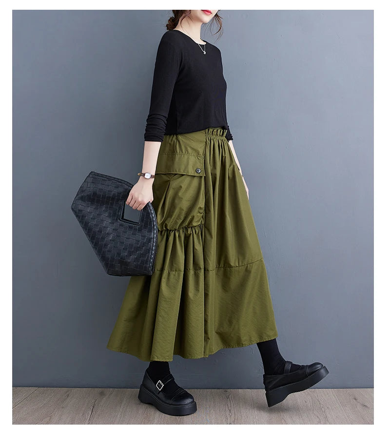 Oversized Spring Autumn Cargo Midi Skirt Women Elastic High Waist Fashion Ruffle Pleated Ladies Skirts Loose Casual Woman Skirt - reetell