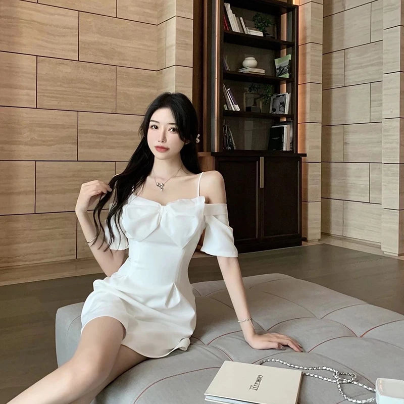 Zoki Bow Sexy Slash Neck Dress Women Summer Korean Elegant White Mini Dress Fashion All Match Party Night Camis Vestidos - reetell