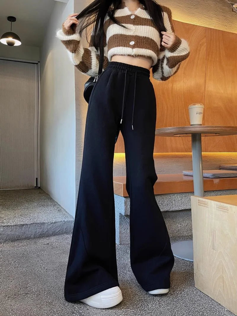 Zoki Korean Winter Thick Flare Pants Women Casual High Waist M-3Xl Grey Trousers Lace Up New Pockets Loose Streetwear Sweatpants - reetell