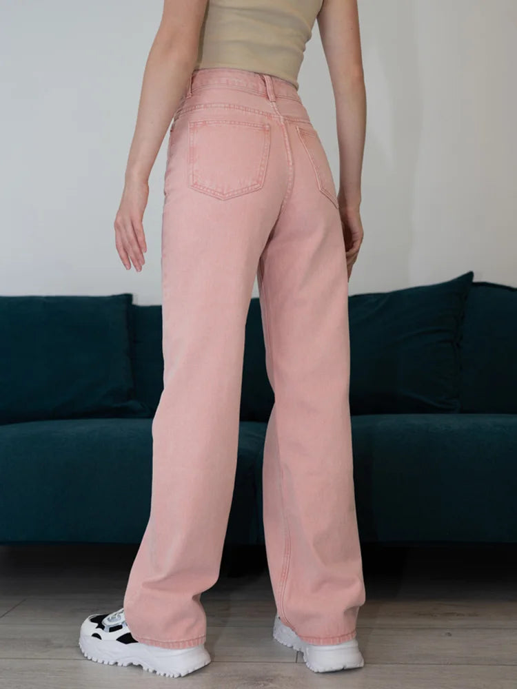 MiuKoMiYa Wide Leg Pink Jeans For Women High Waist Gray Full Denim Pants Straight Vintage Jean Women 2023 Fashion Denim Trousers - reetell