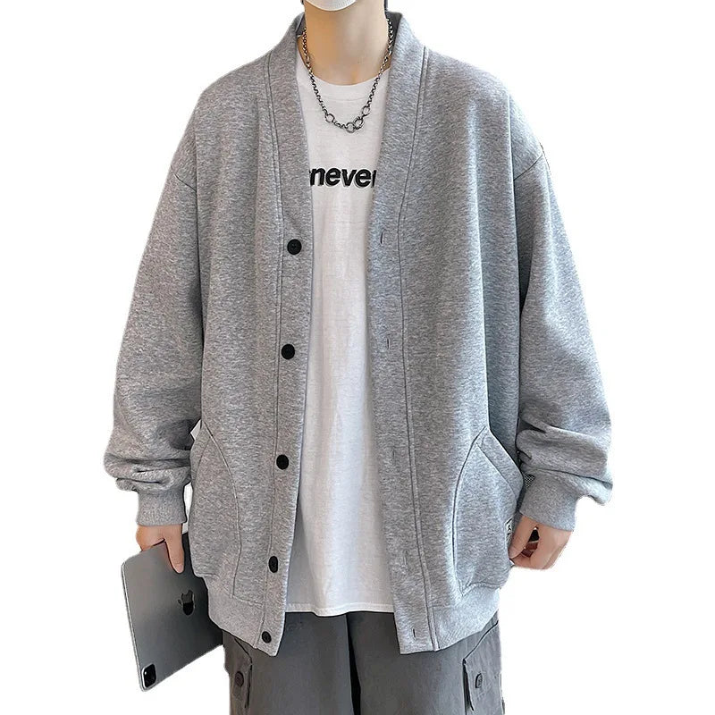 2023 Korean Sweatshirts Men Fashion Solid Color Style Hoodies Autumn Brand Casual Loose Coat Street Thick Warm Male Cardigans - reetell