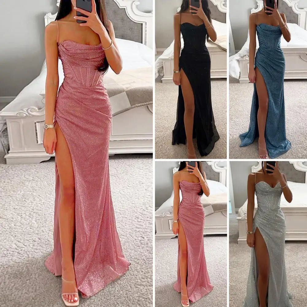 Woman Spring Summer Bodycon Dress Sexy Shiny Sequins Spaghetti Strap Split High Waist Dress Lady Prom Dress Evening Dresses - reetell