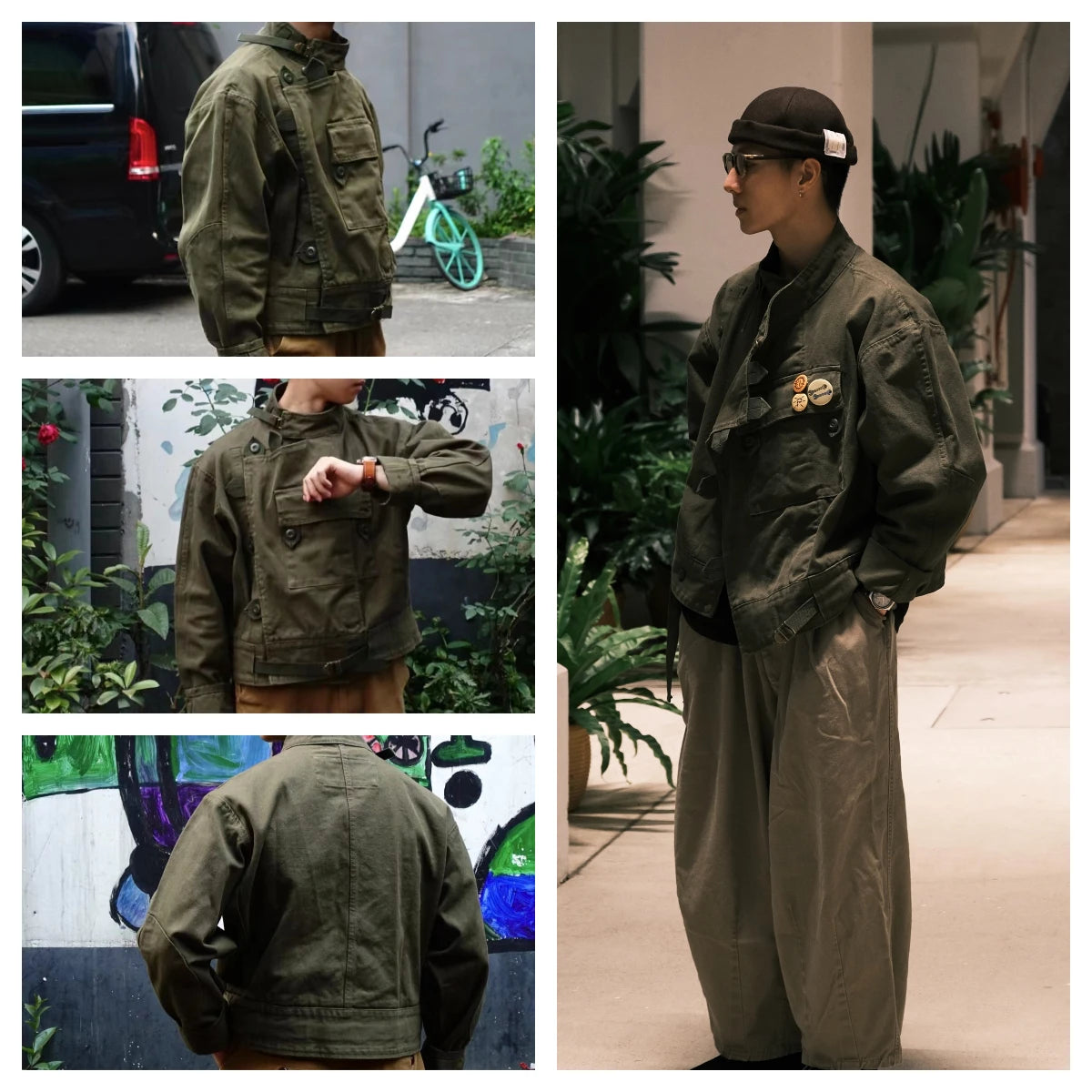 Maden Green Retro bomber Jackets Misplaced Oblique Buckle Swedish Motorcycle Men's AMEKAJI Cotton Autumn Winter Coat - reetell