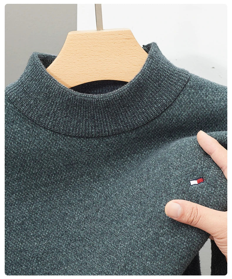 New Brand Men's Knitted Sweater Winter Mock Neck Warm Casual Solid Color Embroidered Pullover Korean Fashion Casual Men Clothing - reetell