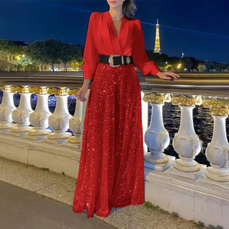 2024 Autumn Evening Party Jumpsuit Women Long Sleeve Solid Sequin V-Neck High Waist Fashion Leg Pants Elegant Chic Spring Shirt