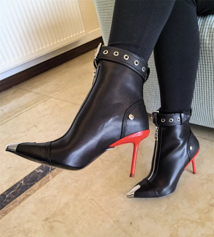 Belt Buckle Front Zipper Fashion Show Short Boots Women's Autumn Winter New Pointed Metal Decoration Red High Heels Ankle Boots