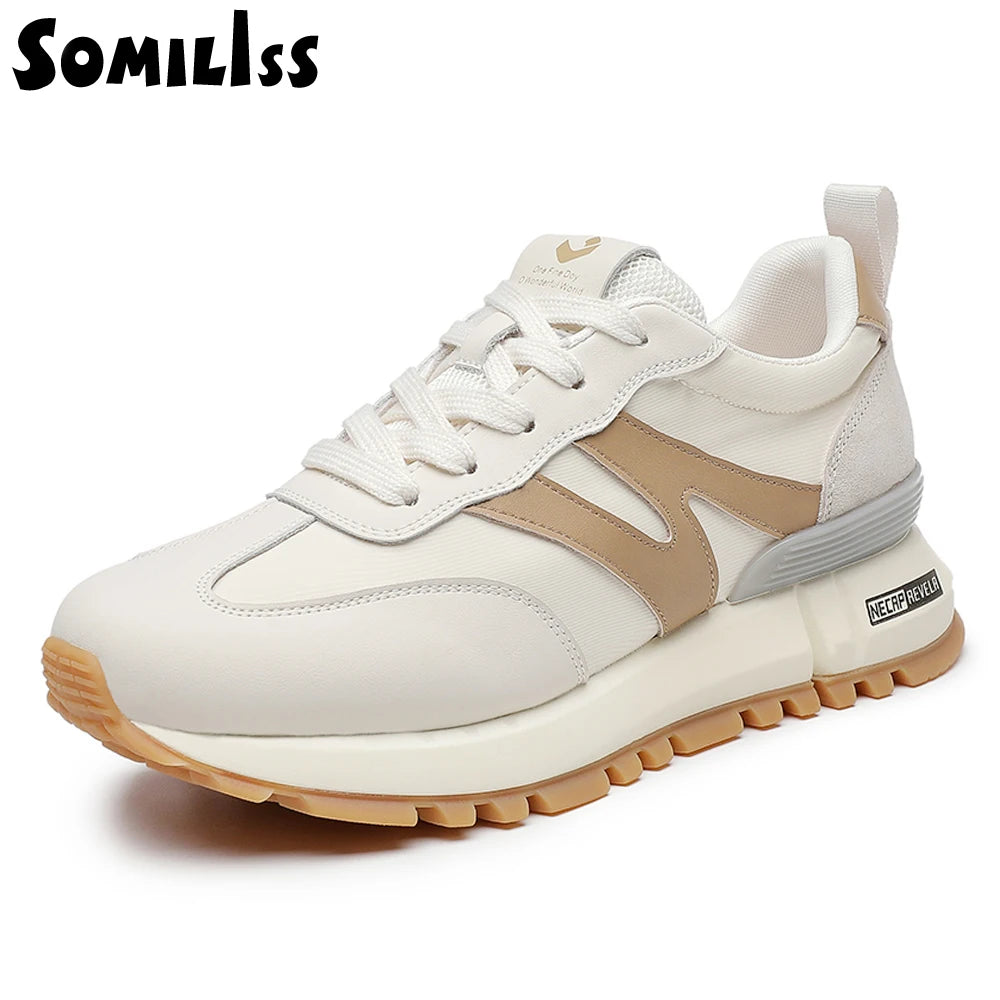 SOMILISS Genuine Leather Women Sneakers Lace-Up Round Toe Suede Leather Patchwork Ladies Casual Sneakers Designer Brand Shoes - reetell