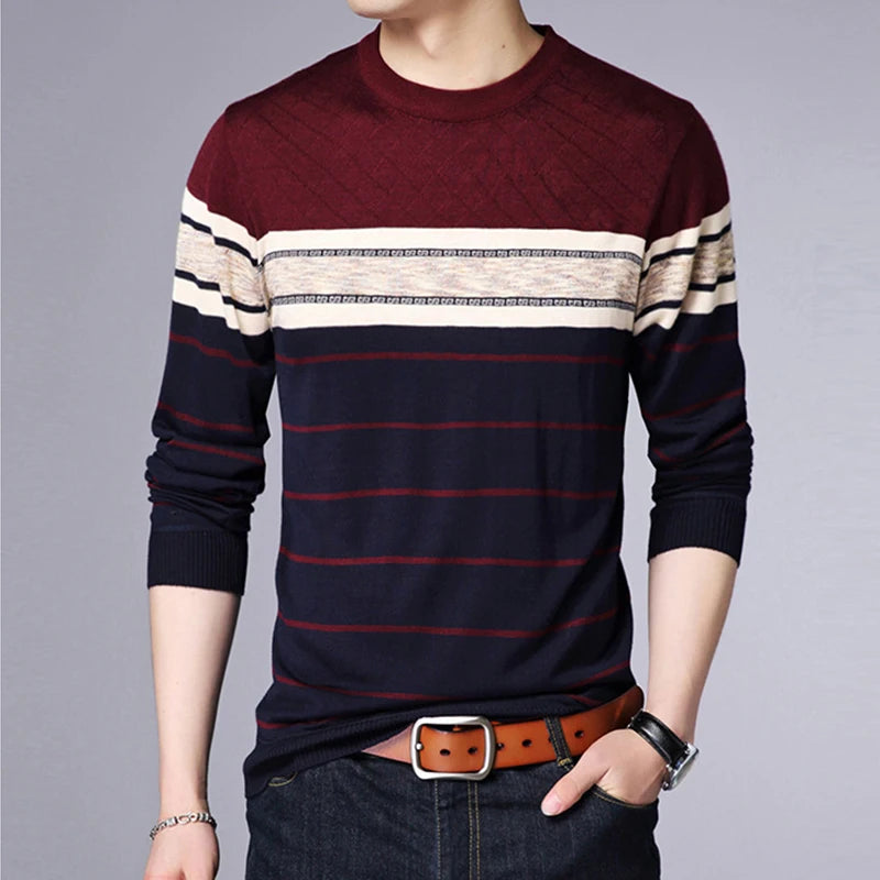 Men's Casual Striped Knit Spring and Autumn Long Sleeved Pullover Fashion Top - reetell