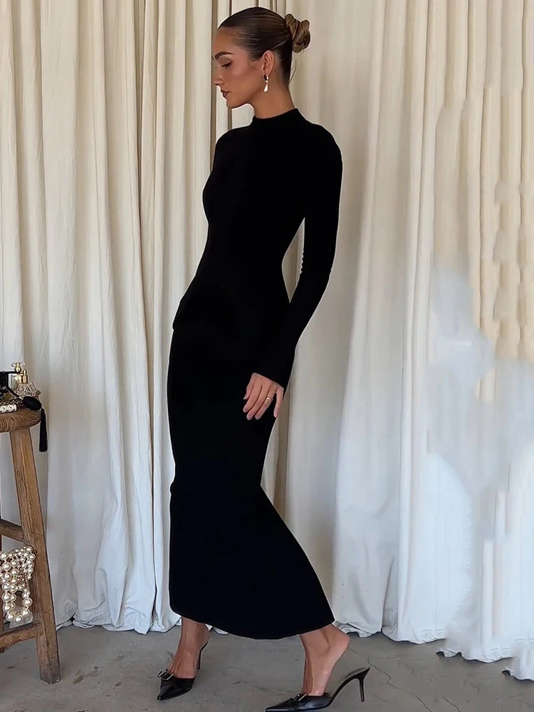 Mozision Black Long Sleeve Sexy Maxi Dress For Women Autumn Winter New O Neck Two Pocket Back Split Bodycon Long Dress Elegant - reetell