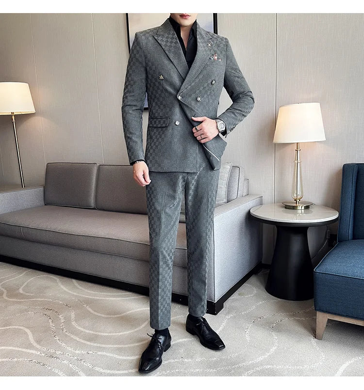 (Jacket+Pants) 2 Pieces Blue Apricot Business Party Men Suits Double Breasted Formal Style Custom Made Wedding Groom Tuxedos - reetell