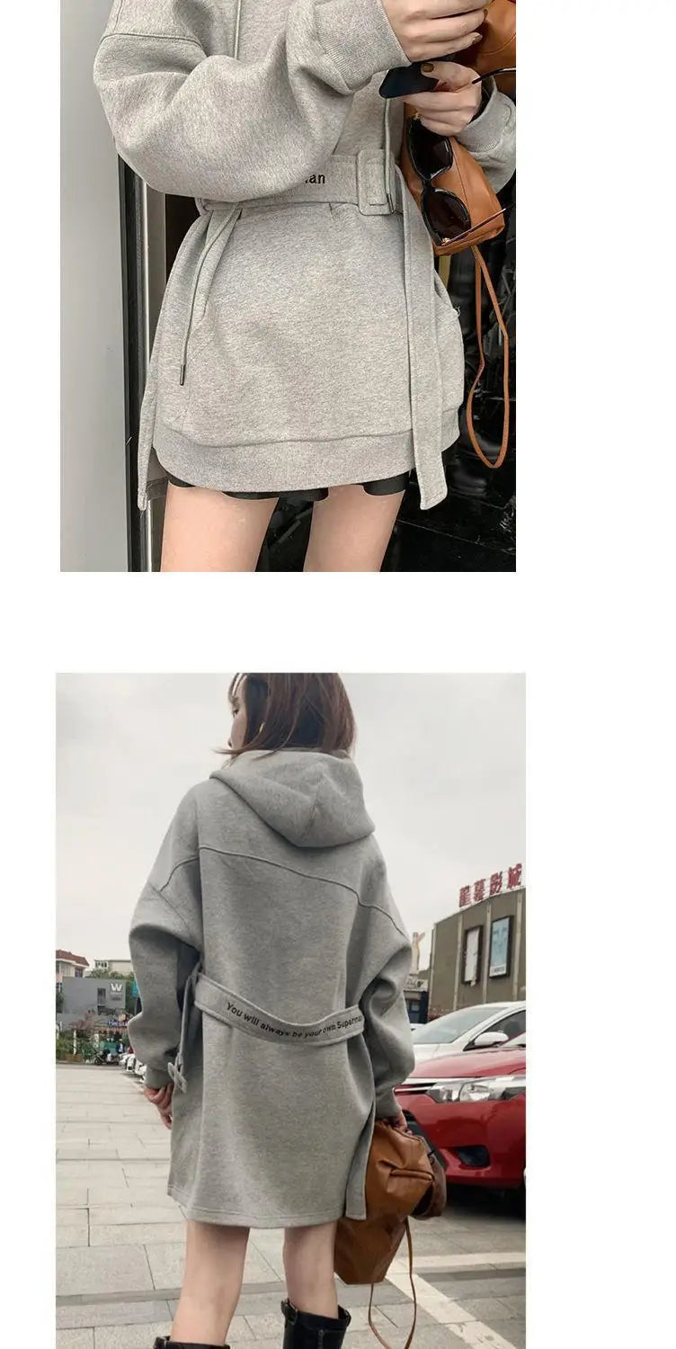 Grey Hoodies Long Loose Hooded Top Baggy Women's Sweatshirt Goth Winter Cold New in Woman Clothing Warm Designer 2000s Thick E S - reetell