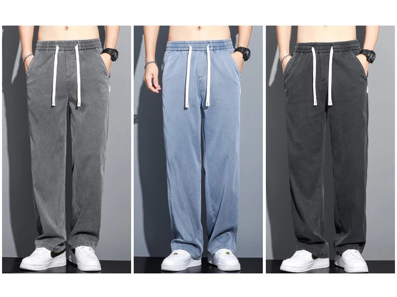 S-5XL 6Style,Men's Loose Jeans Summer Soft Lyocell Thin Fabric Straight Pants Drawstring Elastic Waist Korea Casual Trousers,Y2K - reetell