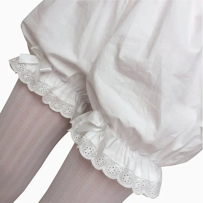 White Ruffles Knickers Women Girl Kawaii Panties Cute Lace Bowknot Lolita Safety Shorts Pants Elastic Vintage Victorian Bloomers - reetell