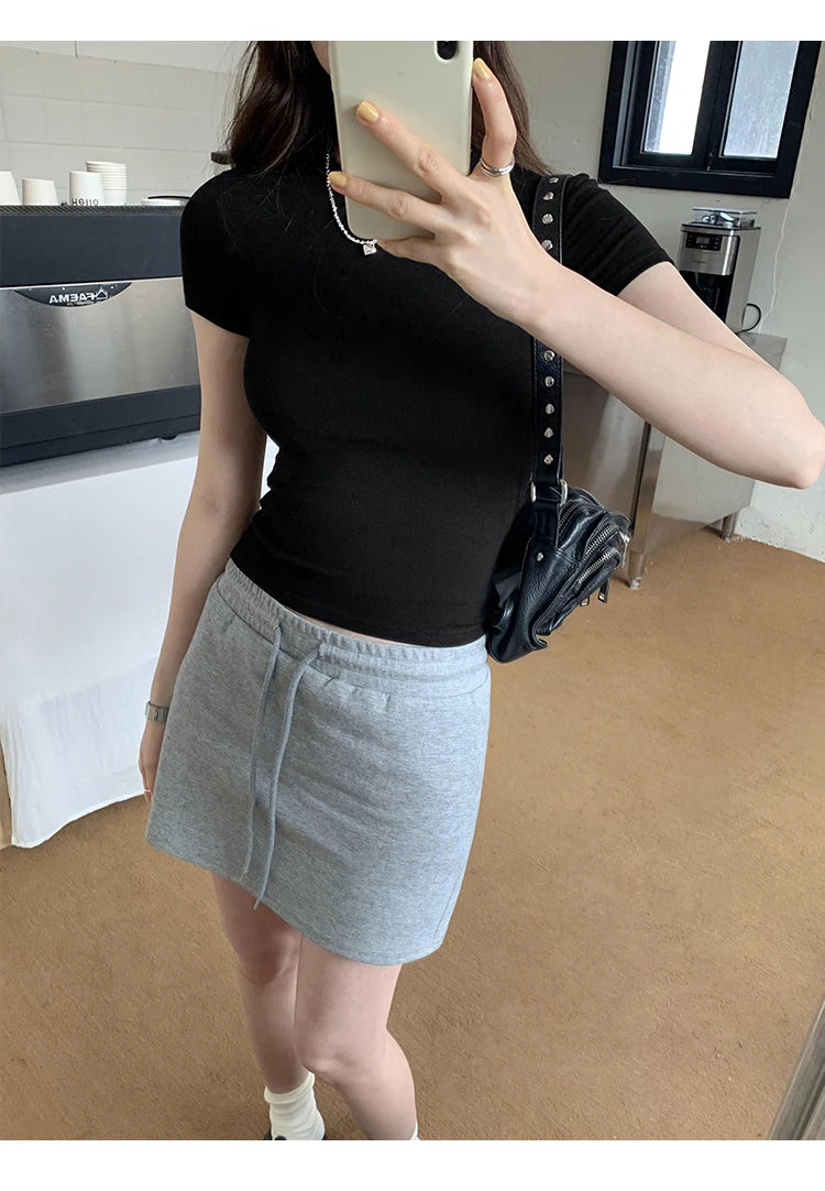 Basic Solid Crop Top Short Sleeve Crewneck Skinny T-shirt Summer Casual Tee for Women y2k Vintage Top Harajuku Streetwear - reetell