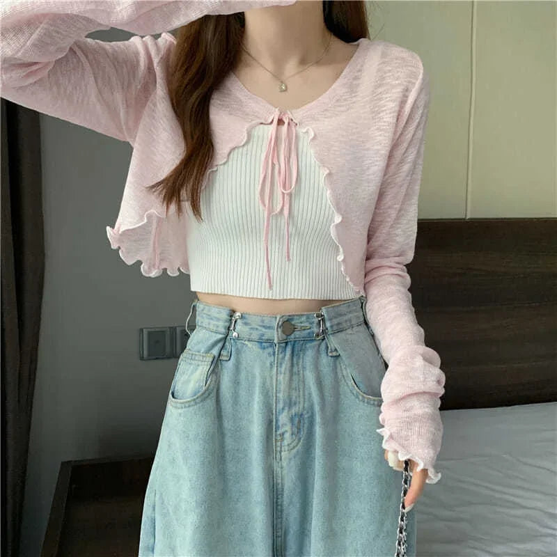 Summer Thin Outerwear Sun Protection Cardigan Ice Silk Knit Women Tops Bow Lace Up Short Suspender Skirt Shawl Airable Shirt - reetell