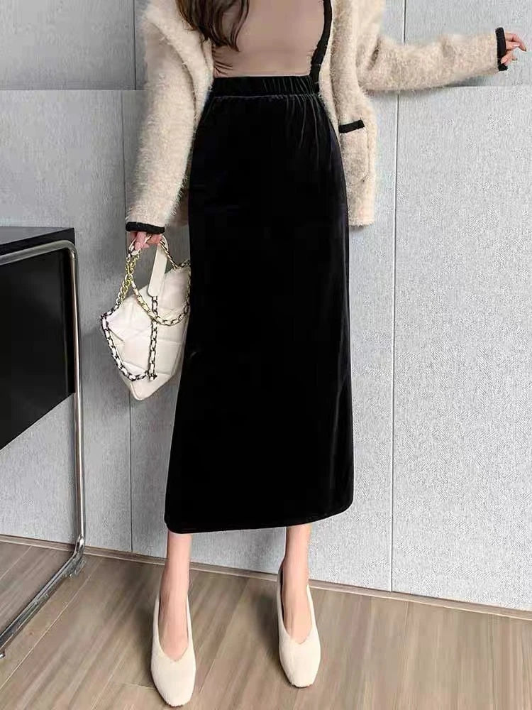 Elegant Velvet Black Long Skirts Women Autumn Winter High Waist Faldas Korean Fahion Clothing Office Ladies Bodycon Midi Skirt - reetell