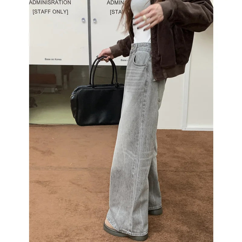 Summer Grey Womens Jeans High Waist Baggy Casual Vintage Y2K Trend Straight Cargo Pants Street American Wide Leg Denim Trouser - reetell