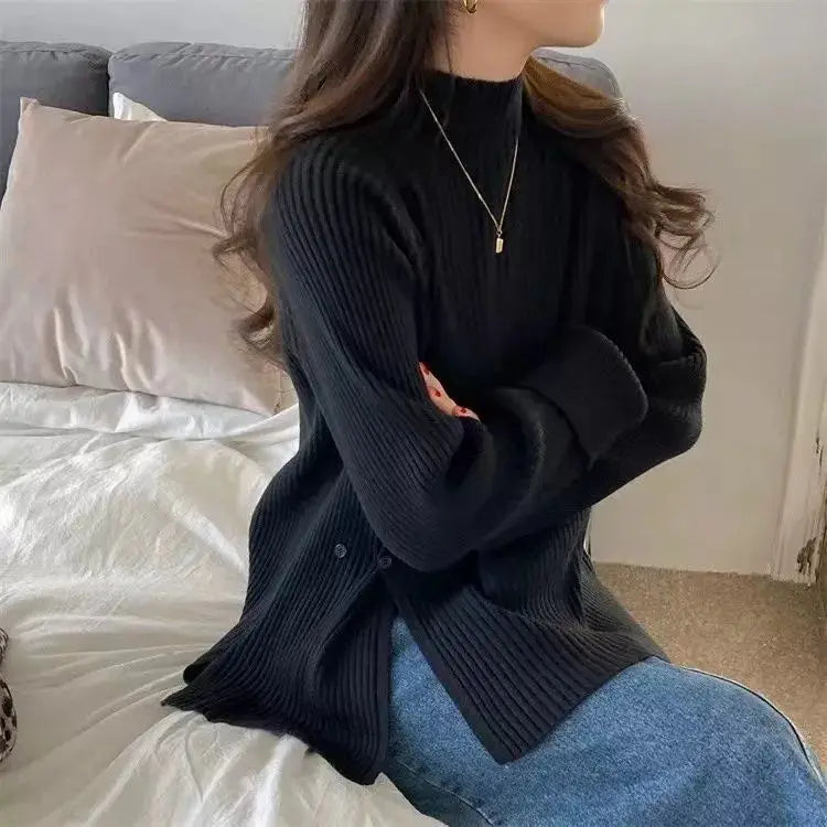 Women's Knit Sweater Off-white Loose Turtleneck Ladies PulloversButtons Slit Hot Sale Winter Offers Trend New Knitwear 2024 - reetell