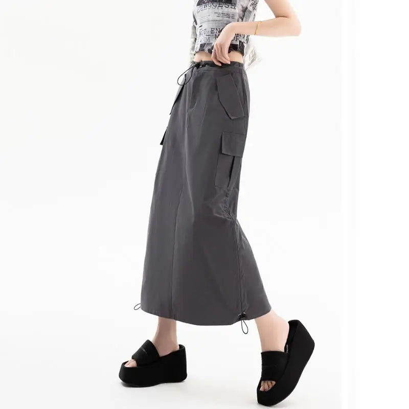 American Retro Cargo Skirt for Women Summer Slit Design Drawstring High Waist Mid-length Skirt Y2k Streetwear Fashion Clothing - reetell