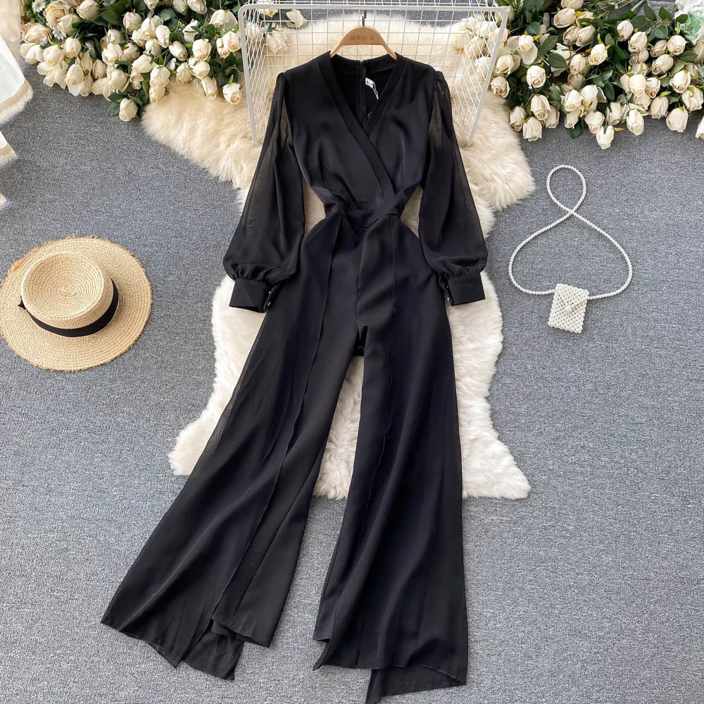 EWQ Elegant Style Chic Jumpsuit Women V-neck Long-sleeve Mesh Patchwork Solid Color Female Jumpsuits Autumn 2023 New 27SN3727