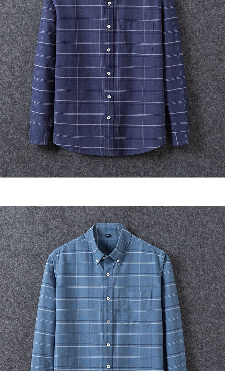 Men's Oxford Long Sleeve Shirts Cotton Regular Fit Casual Fashion Striped Solid Color Plaid Shirt Summer Print Workwear - reetell