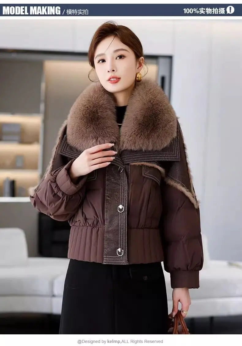 Women's Winter Down Jacket Sheepskin Fabric Fur V-Neck Rabbit Fur Lining Fur Coat Women Warm And Fashionable Jacket - reetell