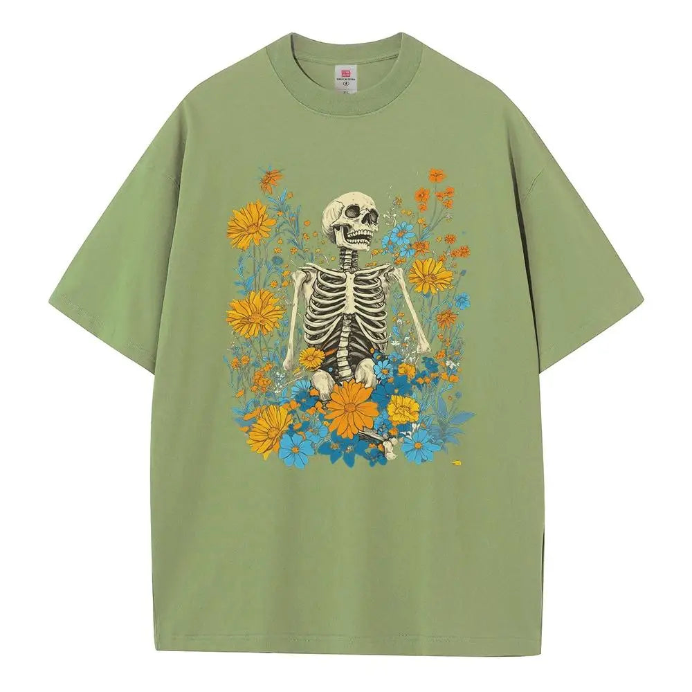 T shirt baggy style pure cotton drop shoulder unisex tops Garden Centre skeleton vintage graphic t shirts breathable print