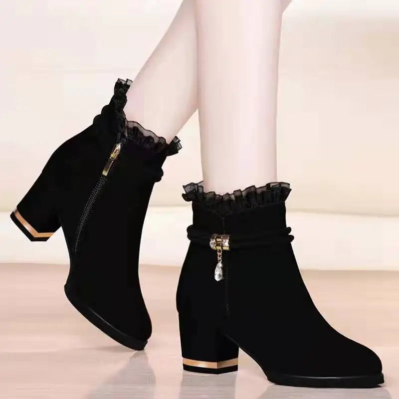 2023 New Autumn Fashion Boots Women Fur Winter Warm Pointed Ankle Boots Sexy High Heel Rhinestone Decoration Zipper Women Boots