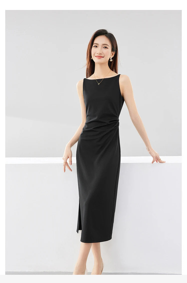 SENTUBILA Ruched Black Dress Women 2024 Spring Summer Party Slim Temperament Slash Neck Sleeveless Lady Midi Dresses Q33L52443 - reetell